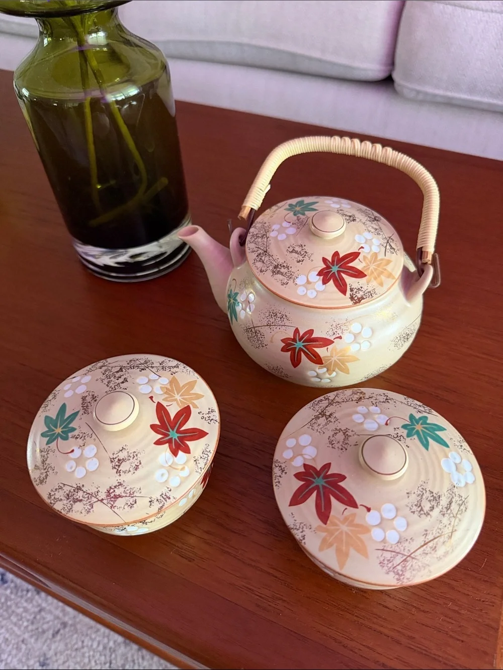 Cream Ceramic Teapot and Lidded Bowls Set with Floral Accents